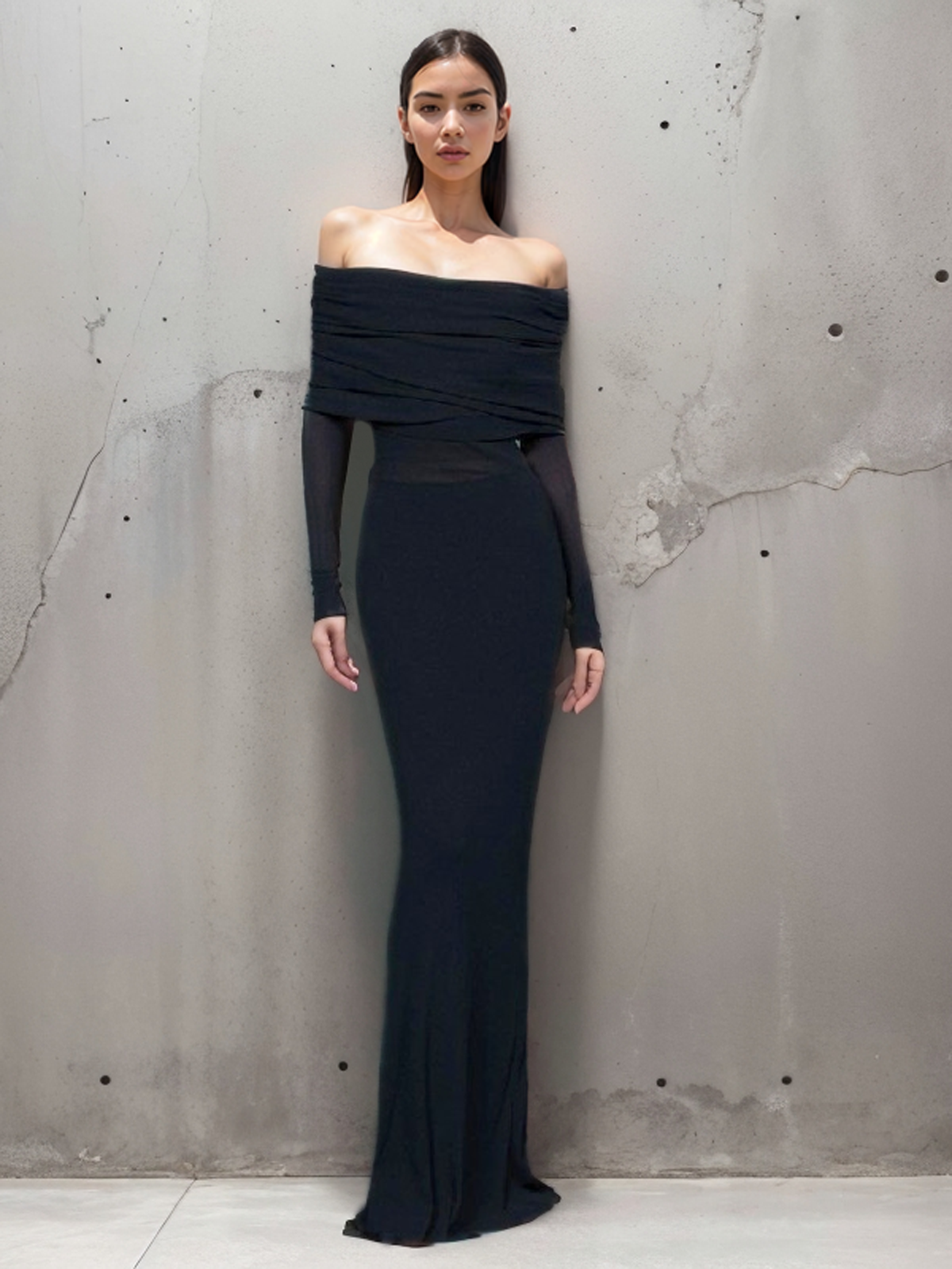 Off Shoulder Ruched Bodice Mesh Waist Panel Long Sleeve Maxi Gown