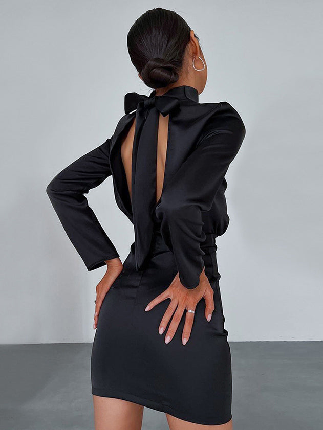 Satin Mock Neck Long Sleeve Bow Tie Open Back Mini Dress