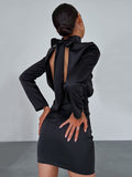 Satin Mock Neck Long Sleeve Bow Tie Open Back Mini Dress