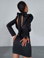 Satin Mock Neck Long Sleeve Bow Tie Open Back Mini Dress