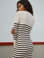 Ribbed Knit Horizontal Stripe V-Neck Long Sleeve Bodycon Midi Dress