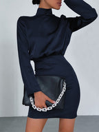 Satin Mock Neck Long Sleeve Bow Tie Open Back Mini Dress
