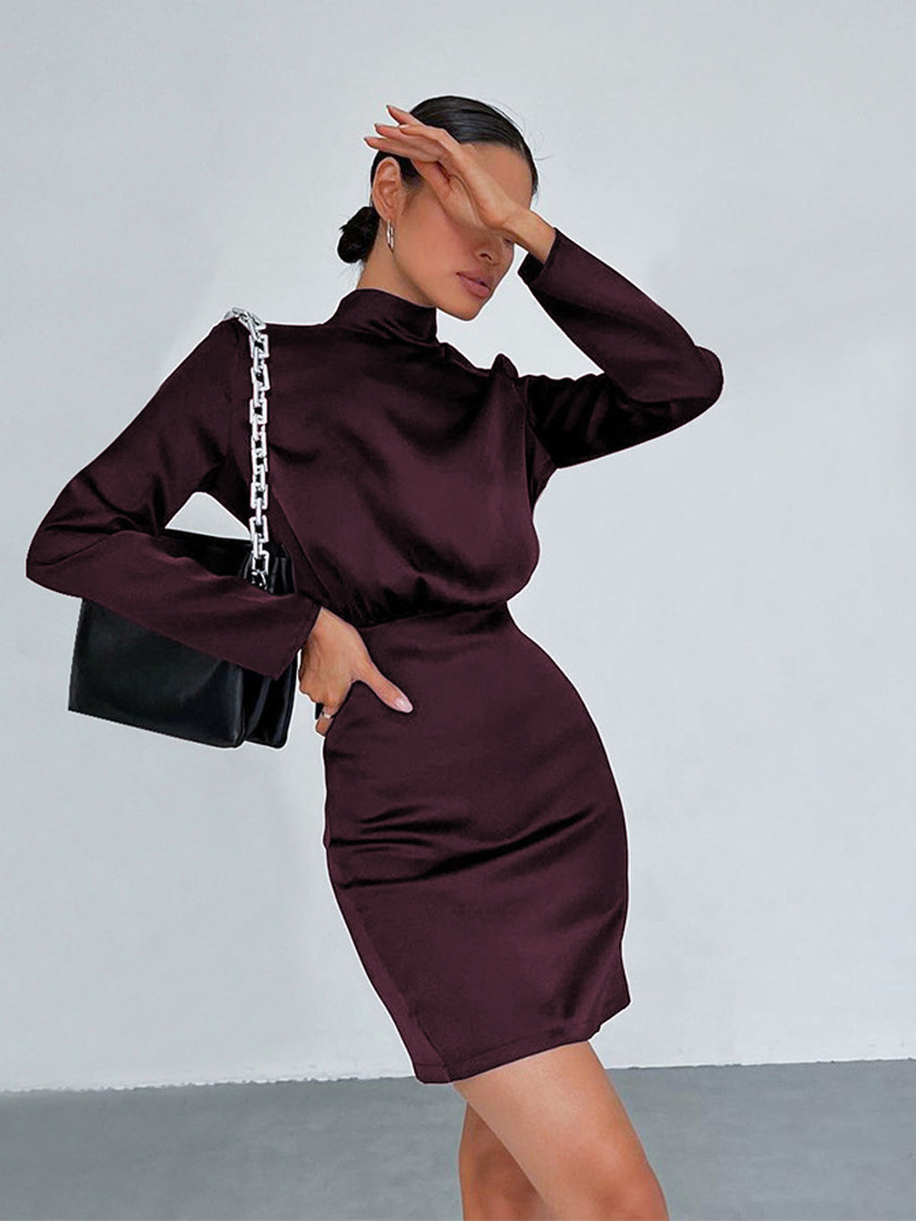 Satin Mock Neck Long Sleeve Bow Tie Open Back Mini Dress