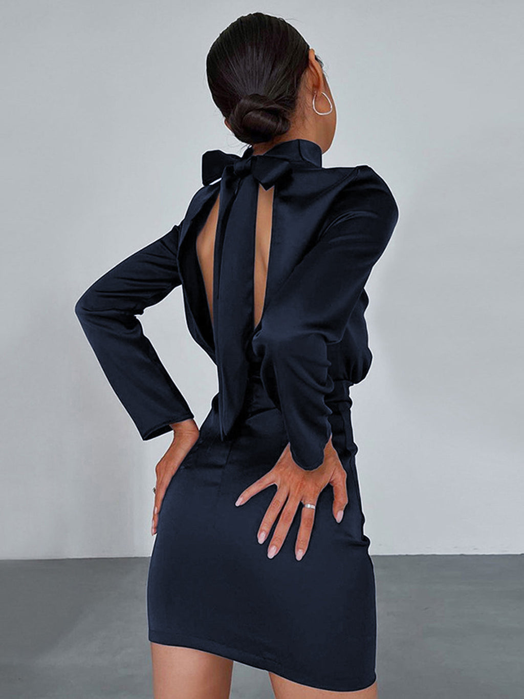 Satin Mock Neck Long Sleeve Bow Tie Open Back Mini Dress