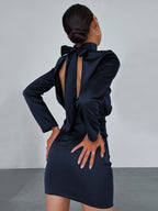 Satin Mock Neck Long Sleeve Bow Tie Open Back Mini Dress