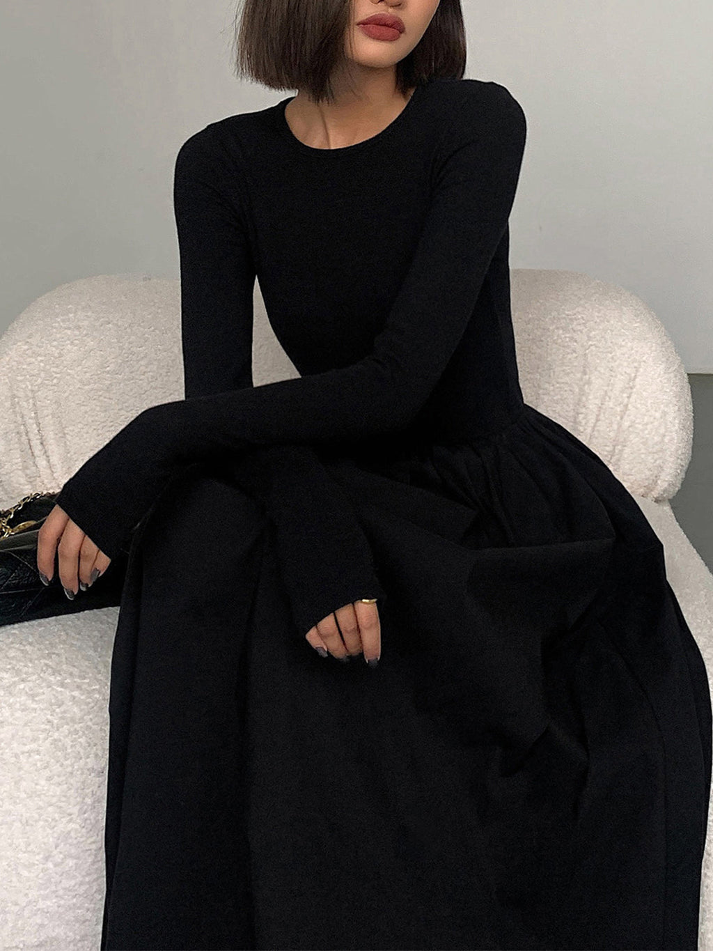 Crew Neck Long Sleeve Gathered Waist Pleated A-Line Midi Dress