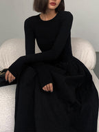 Crew Neck Long Sleeve Gathered Waist Pleated A-Line Midi Dress