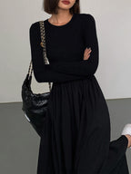 Crew Neck Long Sleeve Gathered Waist Pleated A-Line Midi Dress