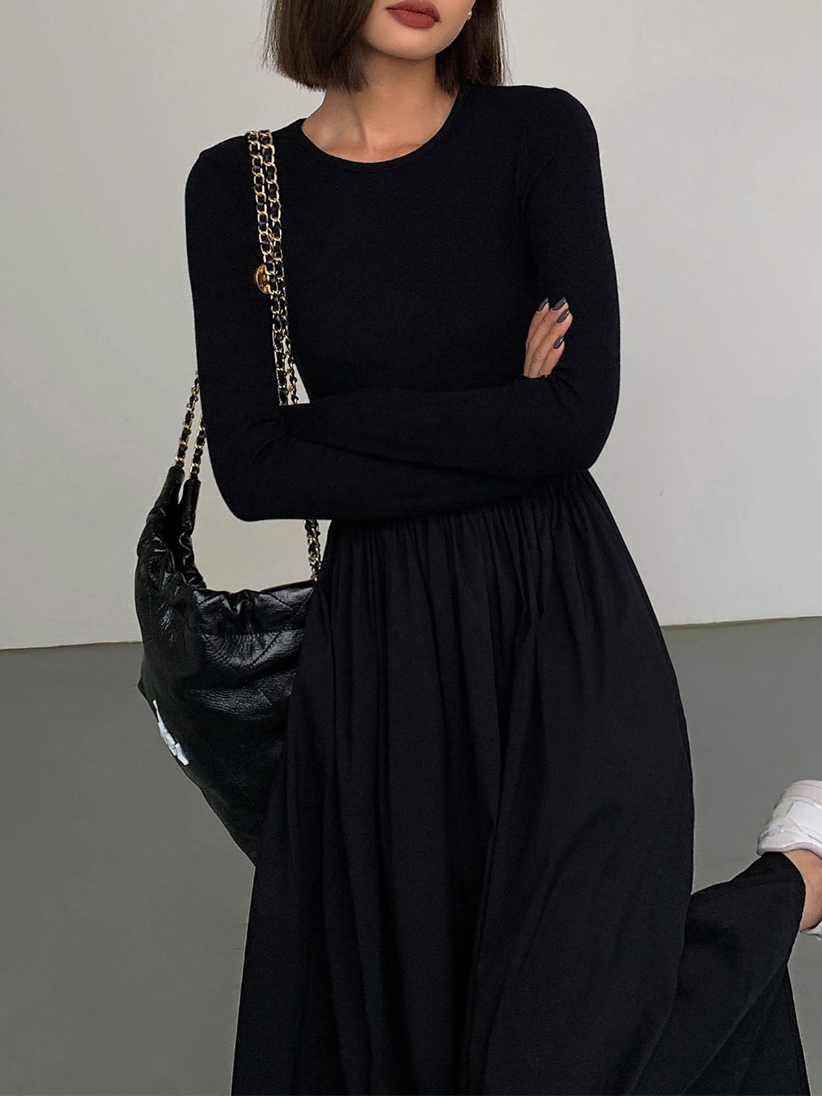 Crew Neck Long Sleeve Gathered Waist Pleated A-Line Midi Dress