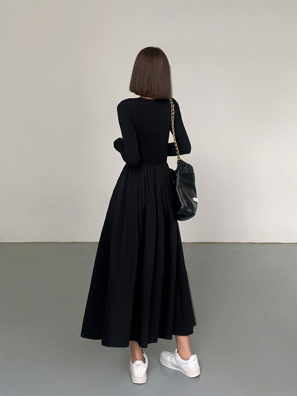 Crew Neck Long Sleeve Gathered Waist Pleated A-Line Midi Dress