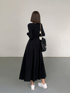 Crew Neck Long Sleeve Gathered Waist Pleated A-Line Midi Dress