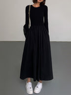 Crew Neck Long Sleeve Gathered Waist Pleated A-Line Midi Dress