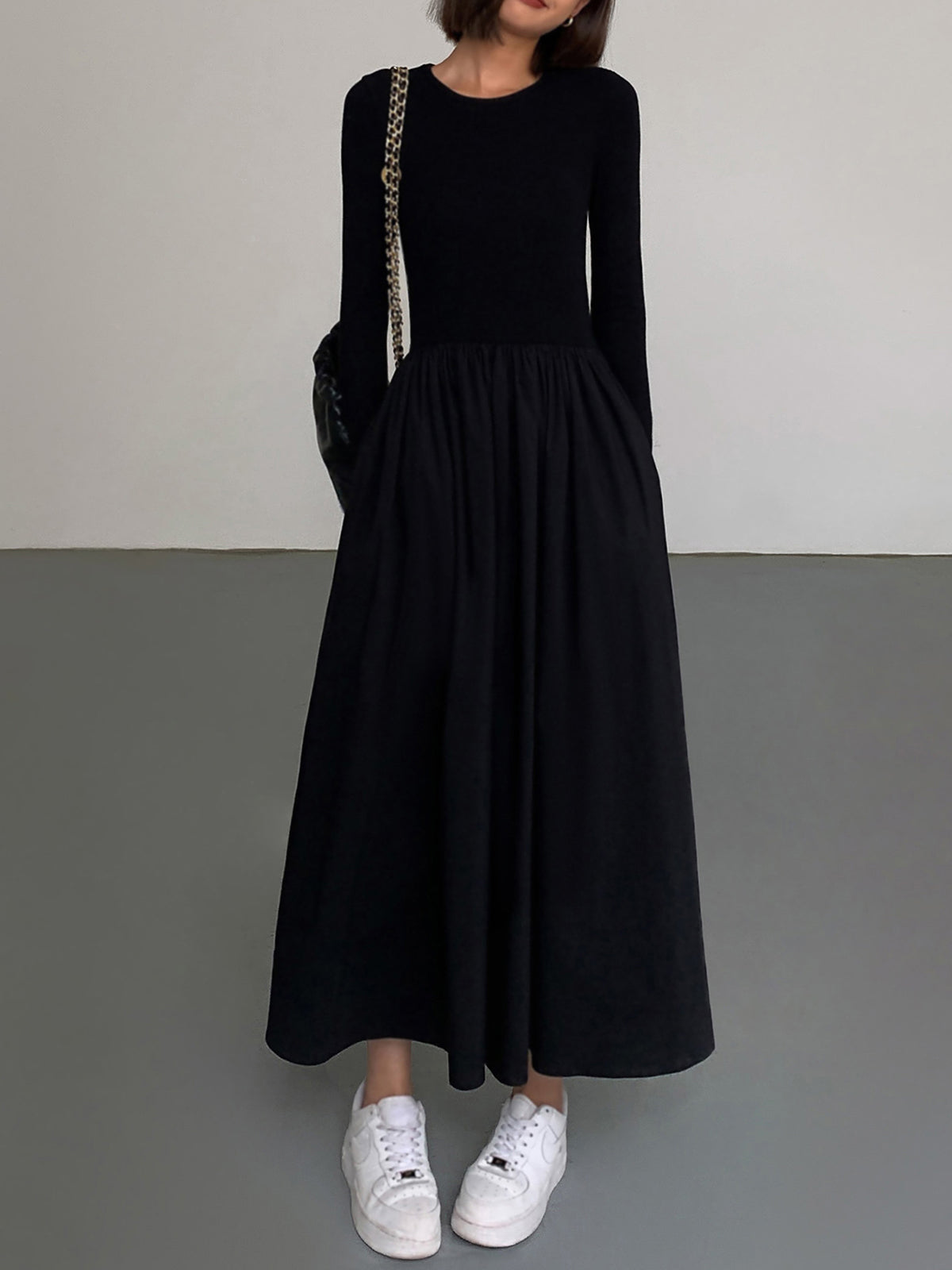 Crew Neck Long Sleeve Gathered Waist Pleated A-Line Midi Dress