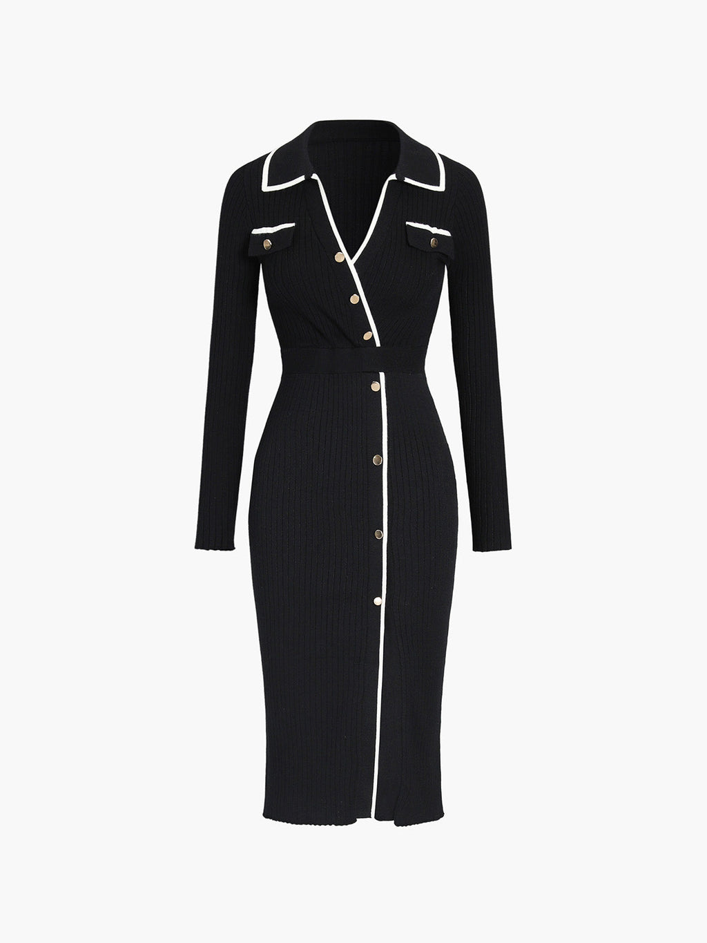 Ribbed Knit Contrast Trim Polo Collar Button Front Long Sleeve Midi Dress