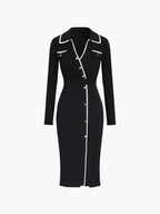 Ribbed Knit Contrast Trim Polo Collar Button Front Long Sleeve Midi Dress