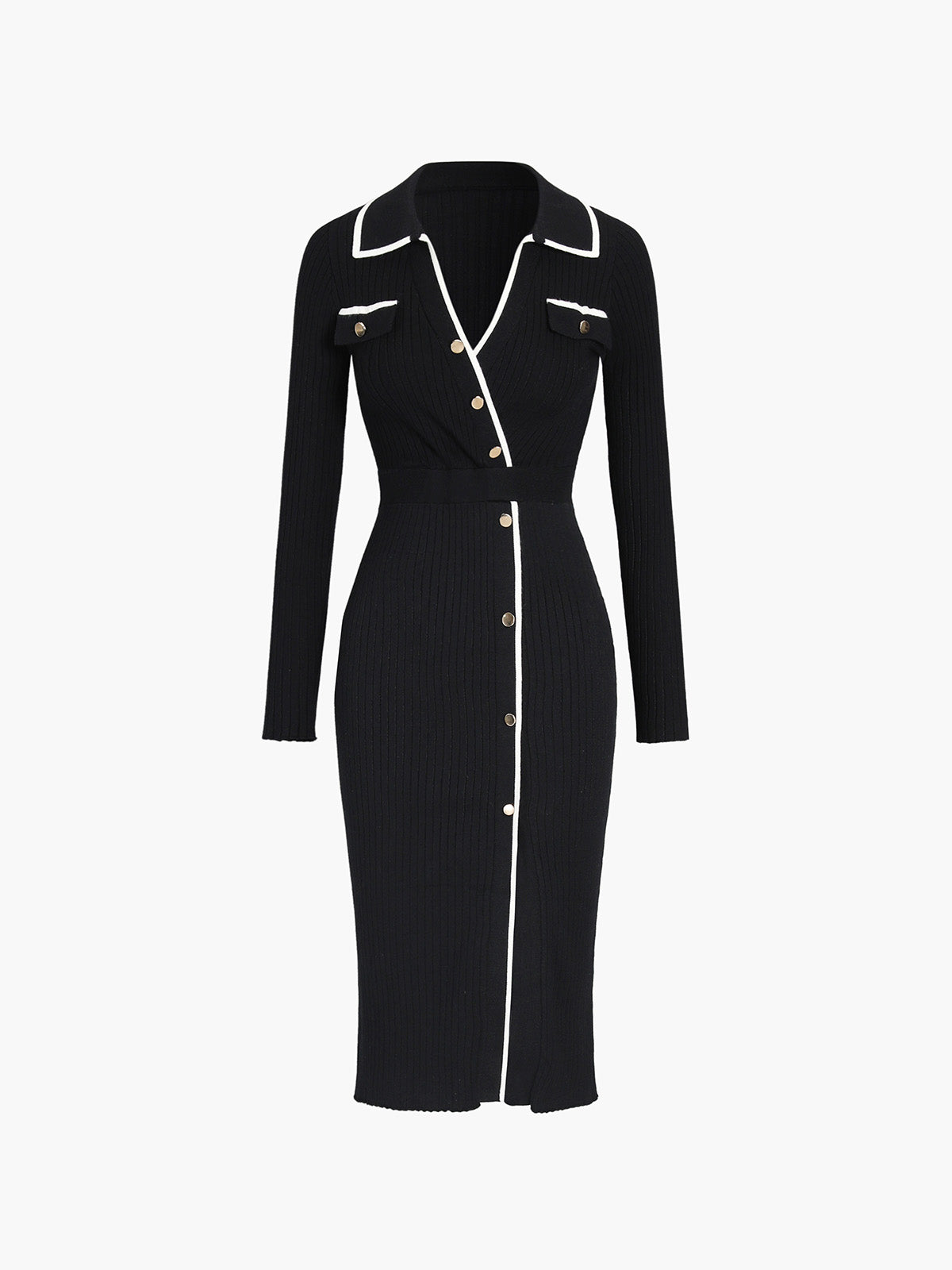 Ribbed Knit Contrast Trim Polo Collar Button Front Long Sleeve Midi Dress