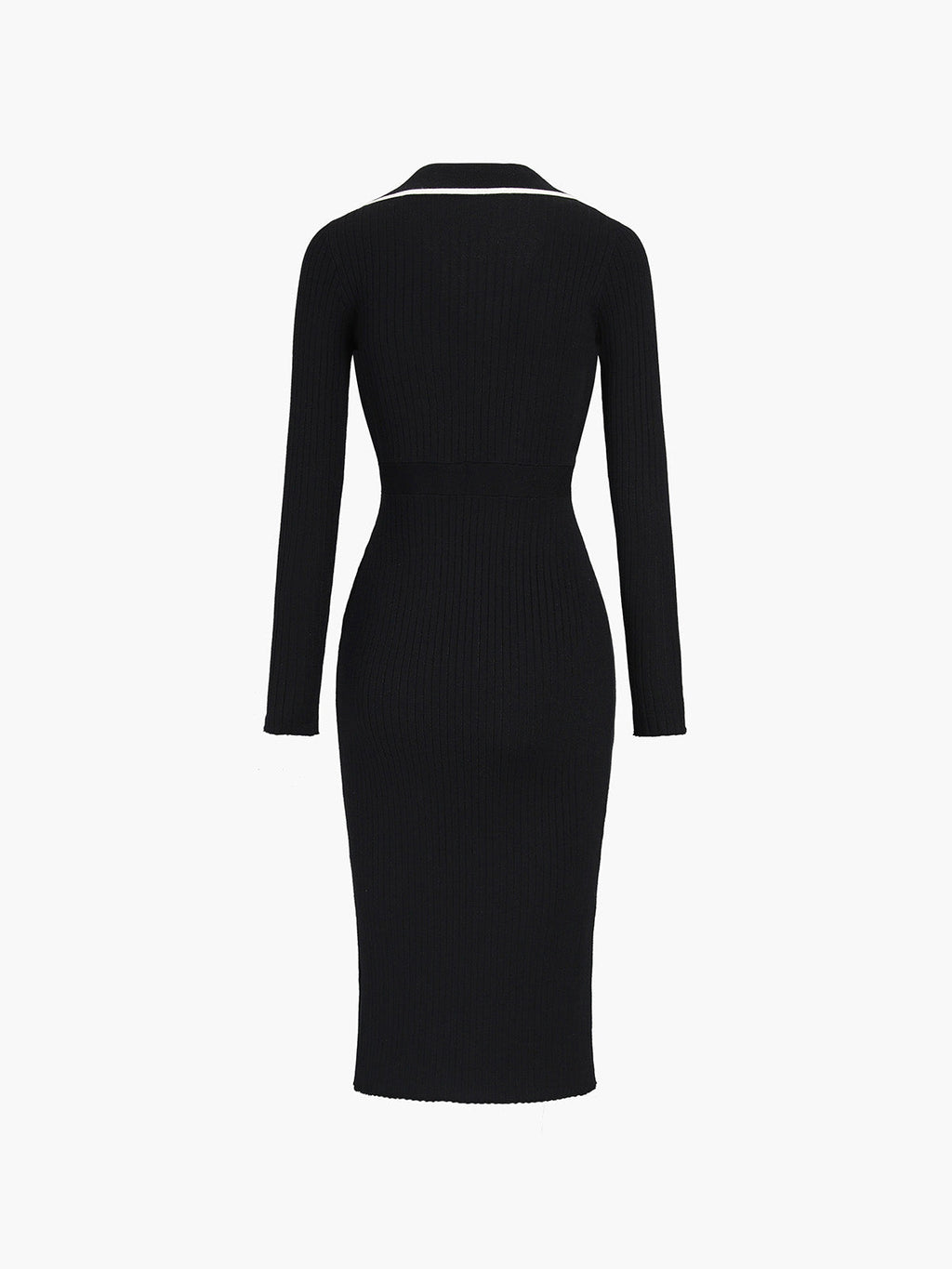 Ribbed Knit Contrast Trim Polo Collar Button Front Long Sleeve Midi Dress