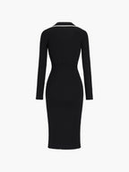 Ribbed Knit Contrast Trim Polo Collar Button Front Long Sleeve Midi Dress