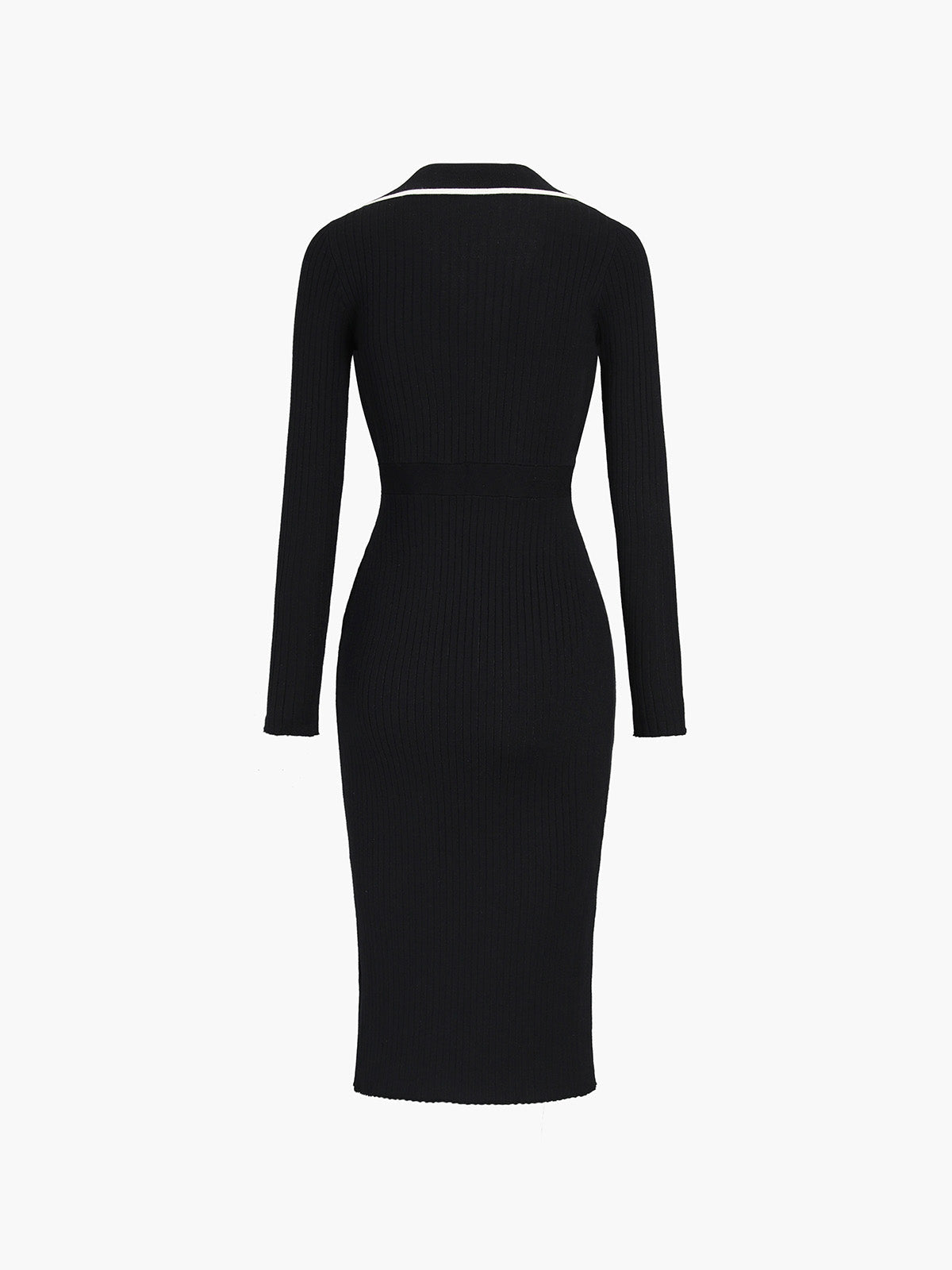 Ribbed Knit Contrast Trim Polo Collar Button Front Long Sleeve Midi Dress