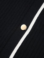 Ribbed Knit Contrast Trim Polo Collar Button Front Long Sleeve Midi Dress