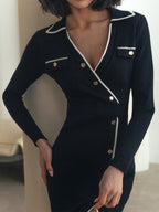 Ribbed Knit Contrast Trim Polo Collar Button Front Long Sleeve Midi Dress