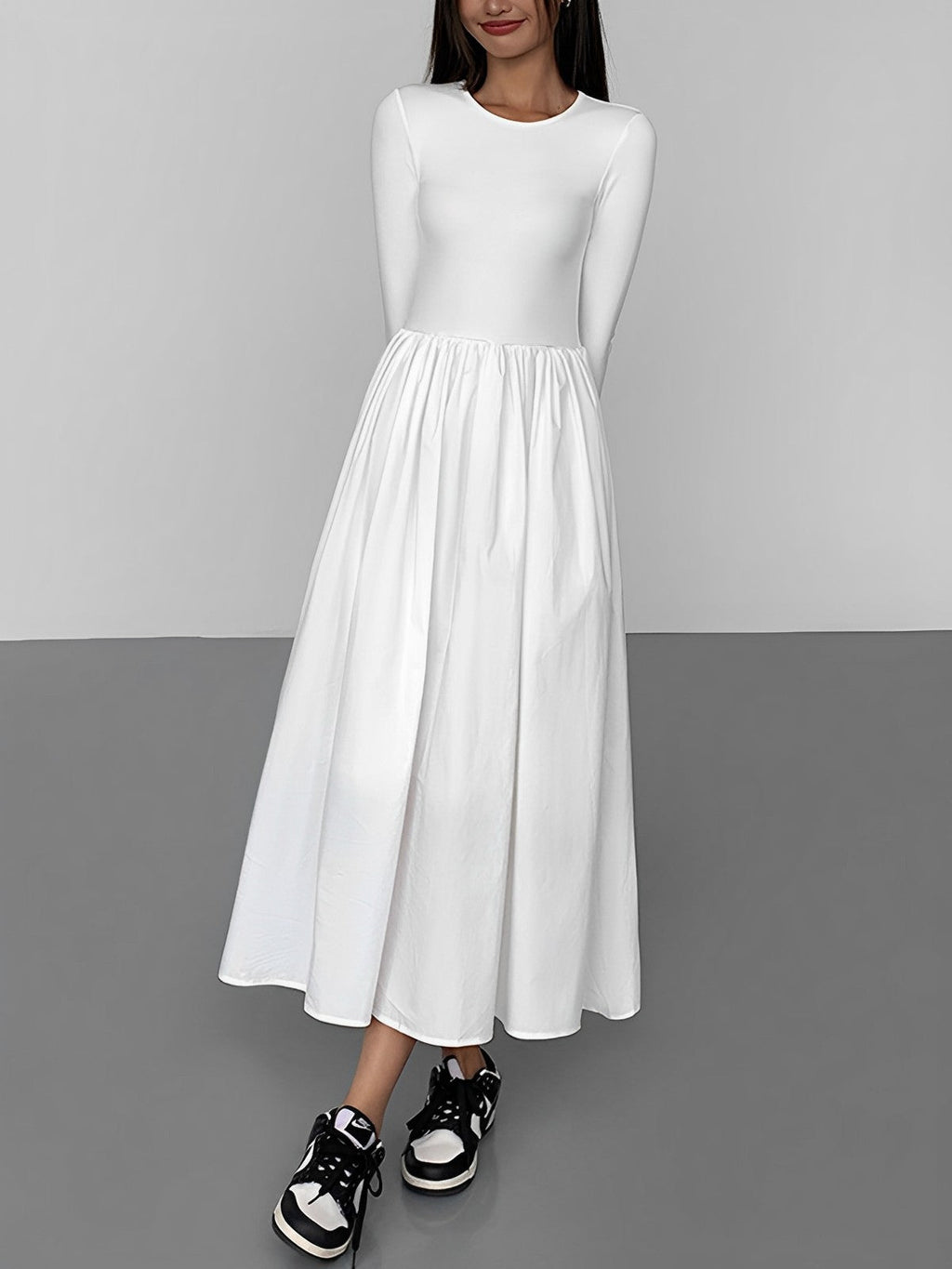 Crew Neck Long Sleeve Gathered Waist Pleated A-Line Midi Dress