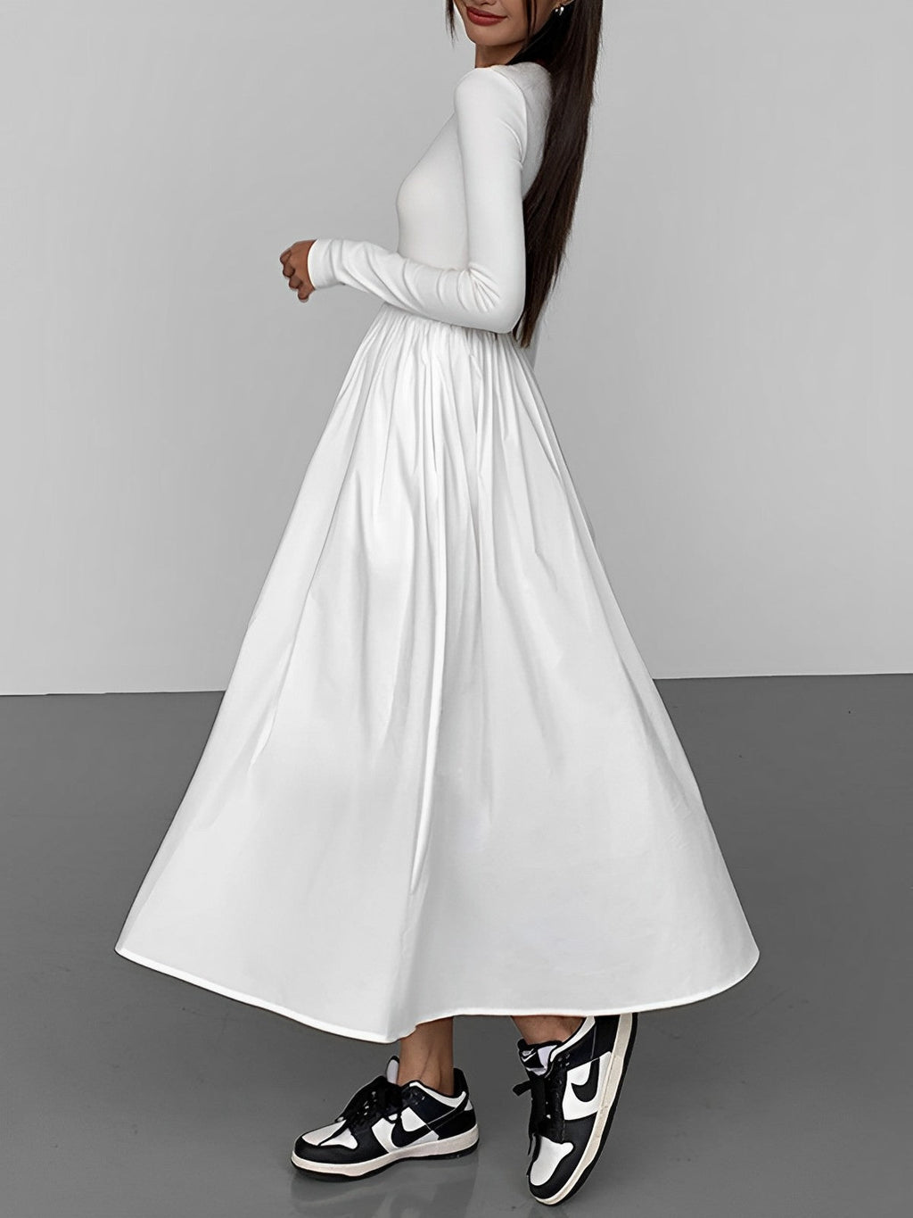Crew Neck Long Sleeve Gathered Waist Pleated A-Line Midi Dress