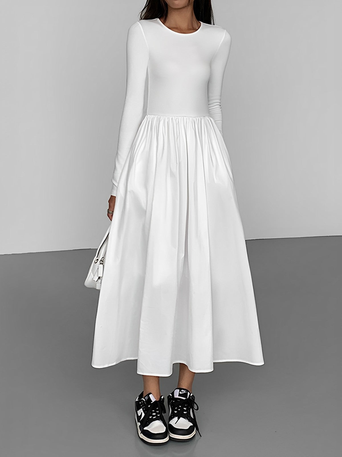 Crew Neck Long Sleeve Gathered Waist Pleated A-Line Midi Dress