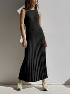 Sleeveless Rib Knit Crew Neck A-Line Maxi Dress