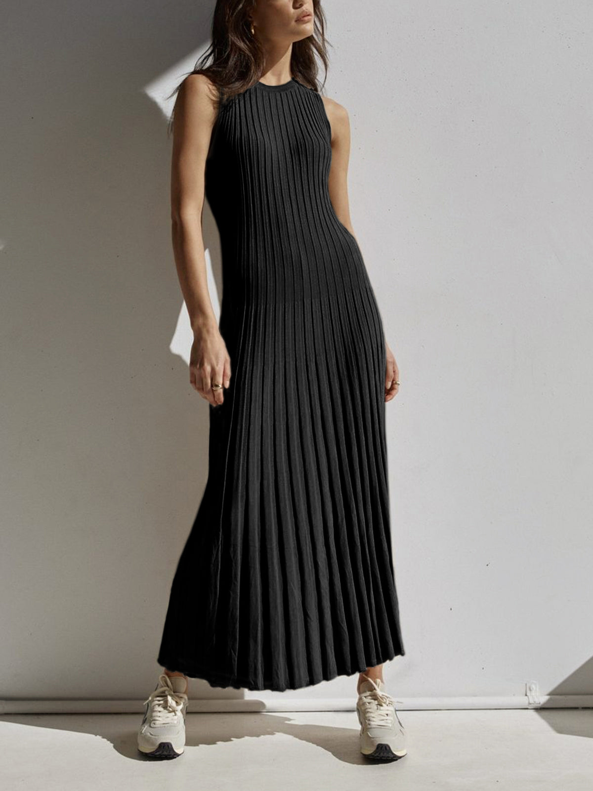 Sleeveless Rib Knit Crew Neck A-Line Maxi Dress