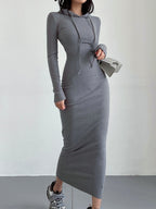 Knit Hooded Long Sleeve Drawstring Bodycon Maxi Dress