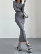 Knit Hooded Long Sleeve Drawstring Bodycon Maxi Dress