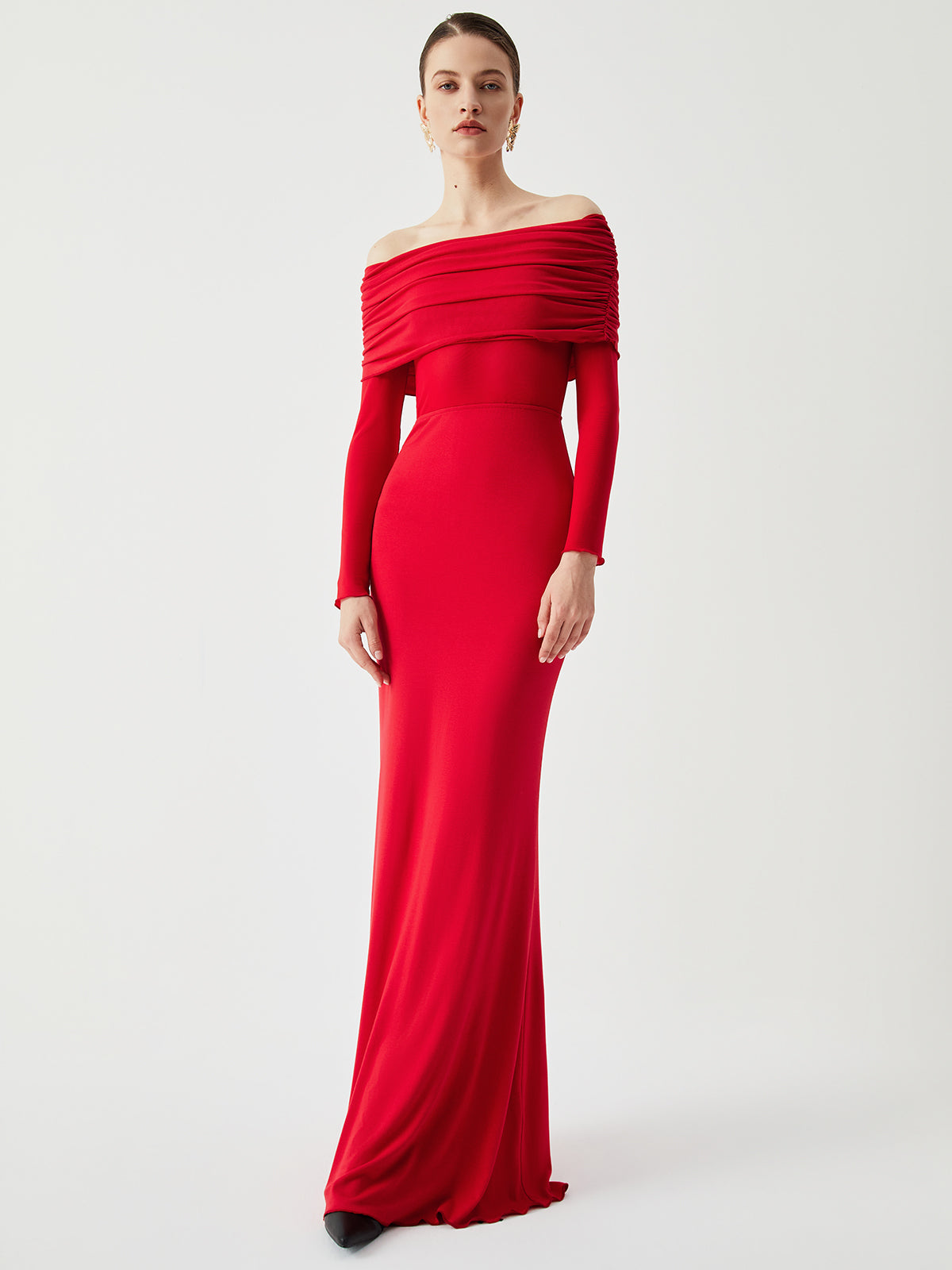 Off Shoulder Ruched Bodice Mesh Waist Panel Long Sleeve Maxi Gown