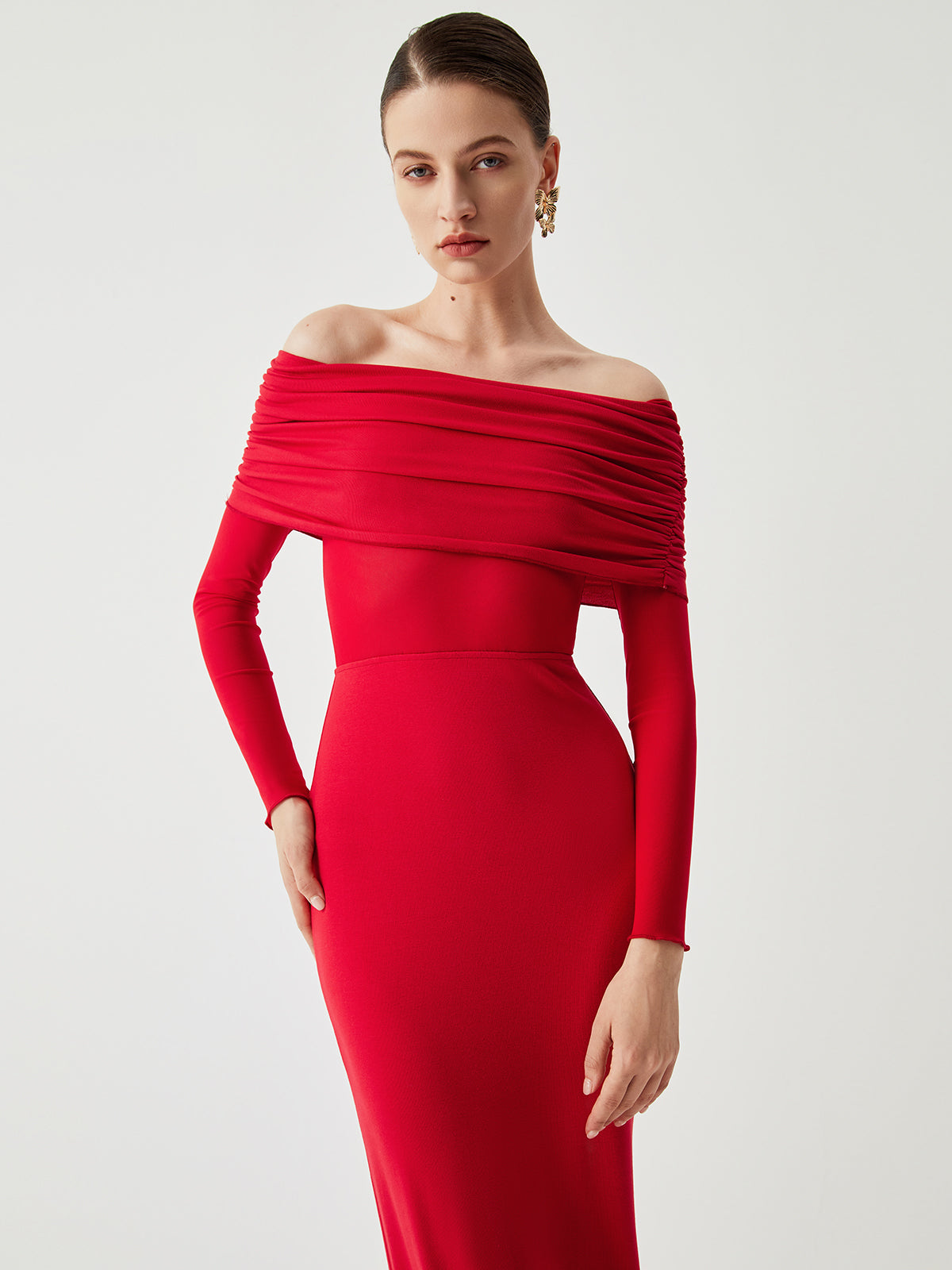 Off Shoulder Ruched Bodice Mesh Waist Panel Long Sleeve Maxi Gown