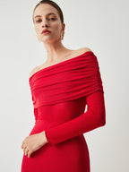 Off Shoulder Ruched Bodice Mesh Waist Panel Long Sleeve Maxi Gown