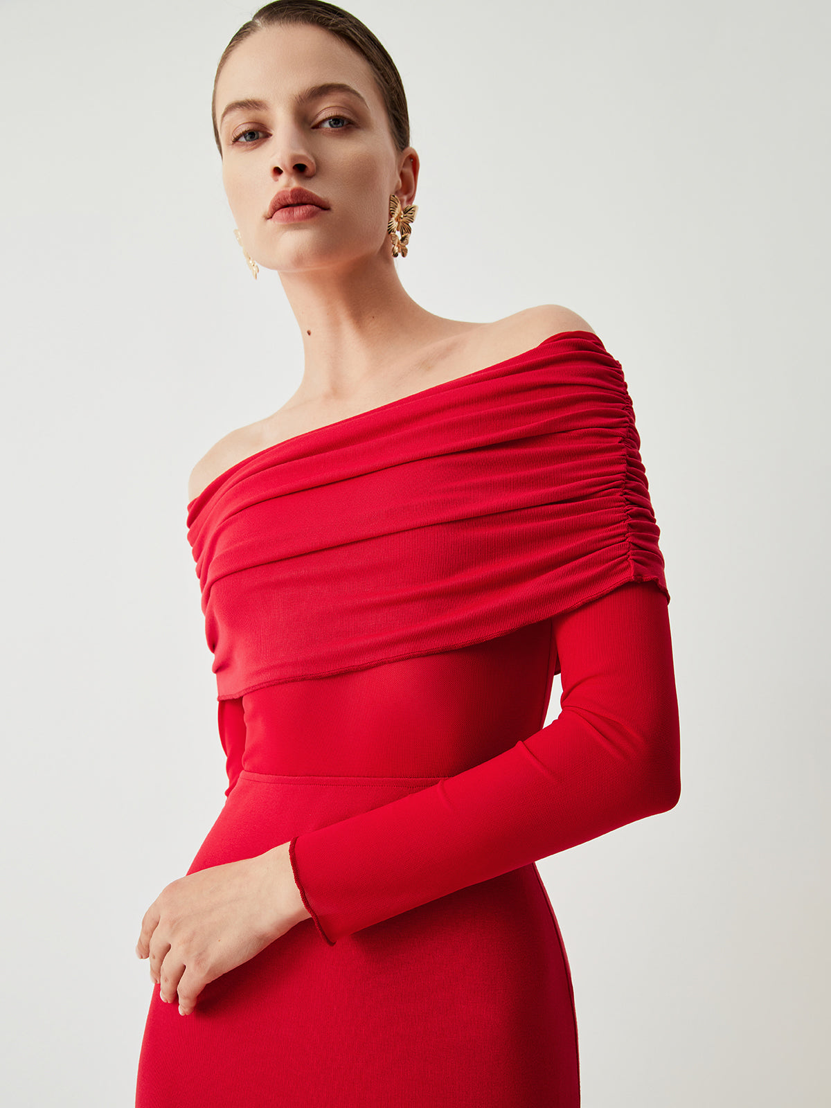 Off Shoulder Ruched Bodice Mesh Waist Panel Long Sleeve Maxi Gown