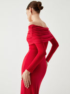 Off Shoulder Ruched Bodice Mesh Waist Panel Long Sleeve Maxi Gown
