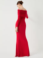 Off Shoulder Ruched Bodice Mesh Waist Panel Long Sleeve Maxi Gown