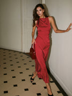 Cowl Neck Satin Bias Cut Sleeveless Column Maxi Dress