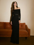 Off Shoulder Ruched Bodice Mesh Waist Panel Long Sleeve Maxi Gown