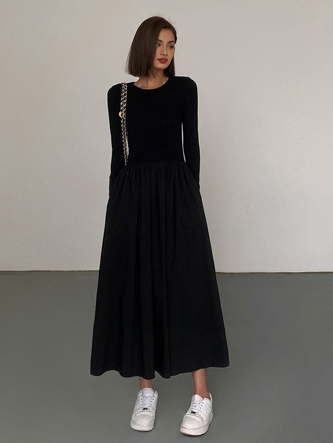 Crew Neck Long Sleeve Gathered Waist Pleated A-Line Midi Dress