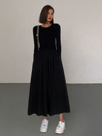 Crew Neck Long Sleeve Gathered Waist Pleated A-Line Midi Dress