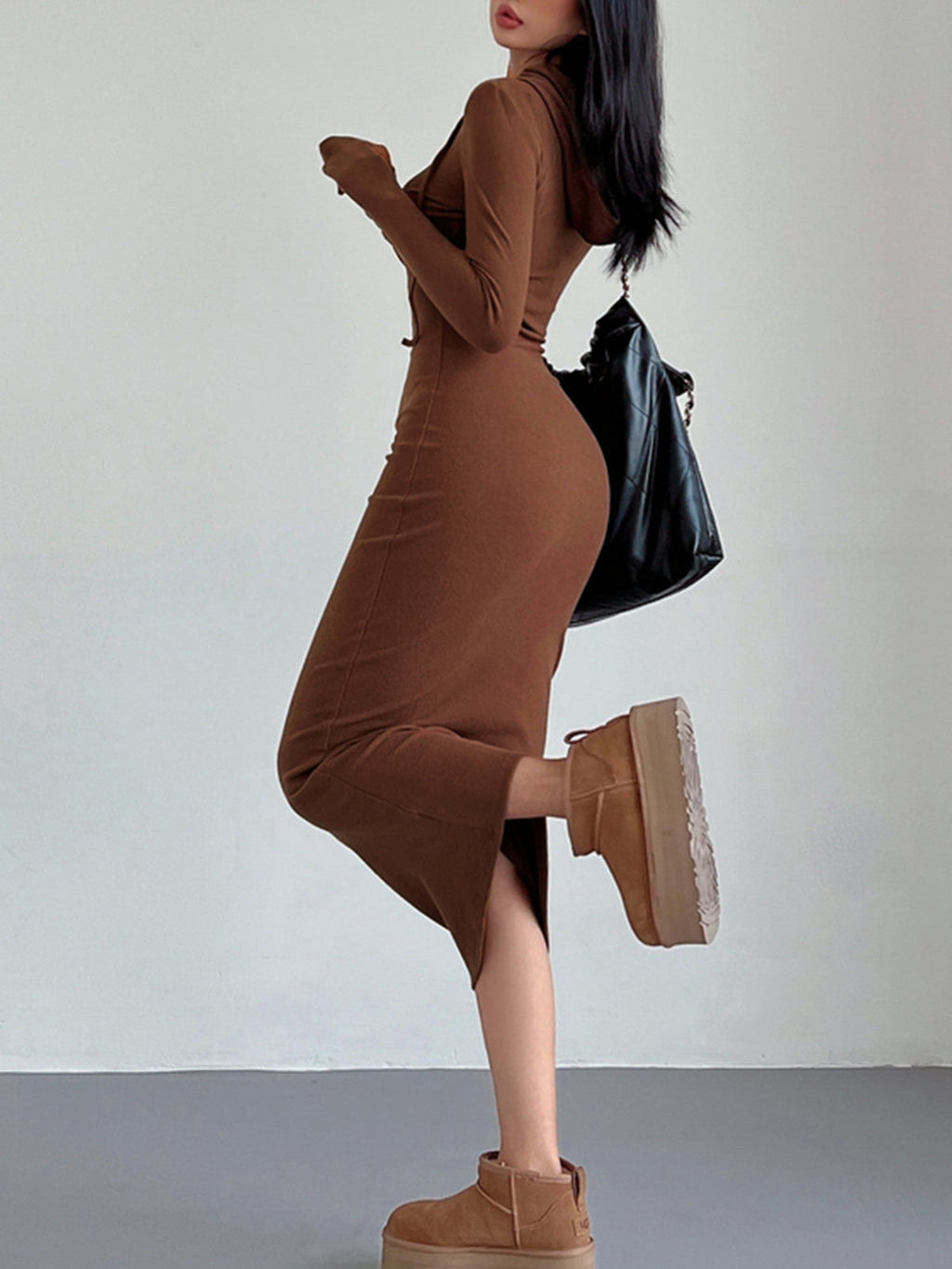 Knit Hooded Long Sleeve Drawstring Bodycon Maxi Dress