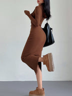 Knit Hooded Long Sleeve Drawstring Bodycon Maxi Dress