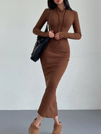 Knit Hooded Long Sleeve Drawstring Bodycon Maxi Dress