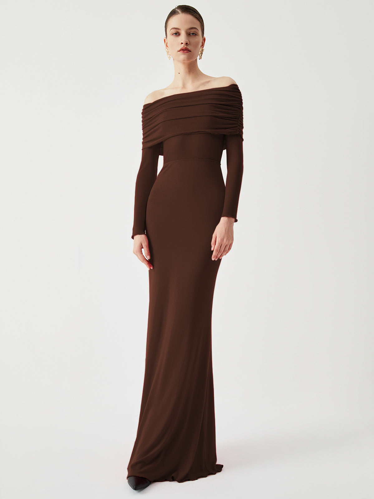 Off Shoulder Ruched Bodice Mesh Waist Panel Long Sleeve Maxi Gown