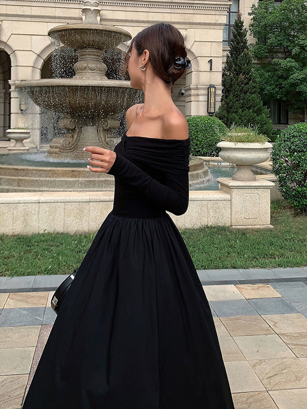 Off Shoulder Bardot Draped Bodice Pleated Full Skirt Long Sleeve Maxi Dress