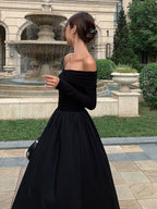 Off Shoulder Bardot Draped Bodice Pleated Full Skirt Long Sleeve Maxi Dress