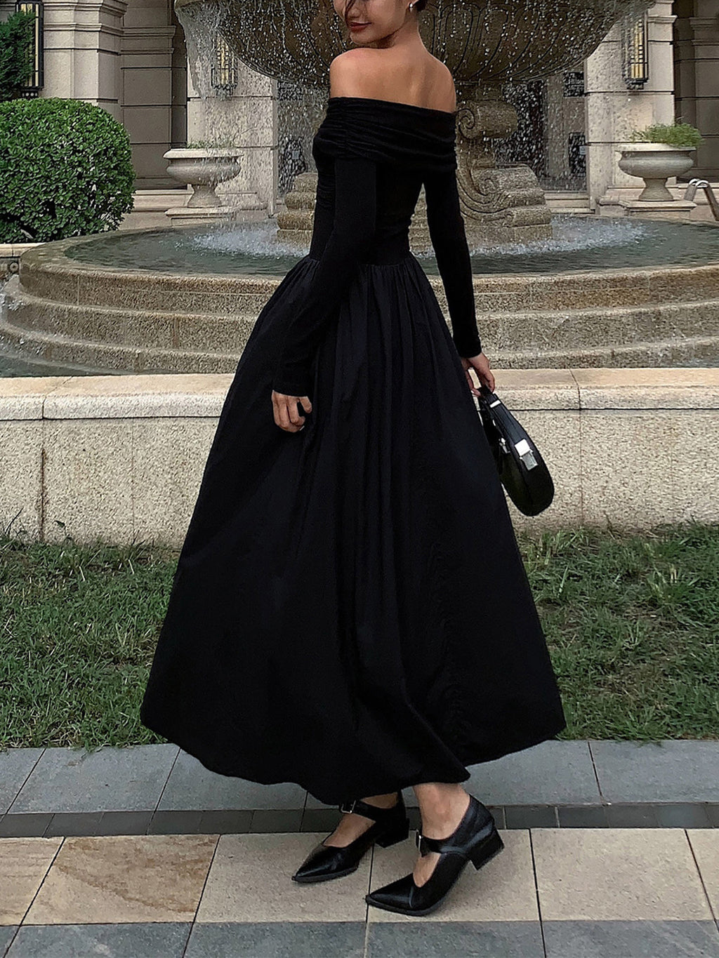 Off Shoulder Bardot Draped Bodice Pleated Full Skirt Long Sleeve Maxi Dress