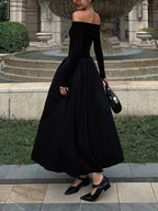 Off Shoulder Bardot Draped Bodice Pleated Full Skirt Long Sleeve Maxi Dress